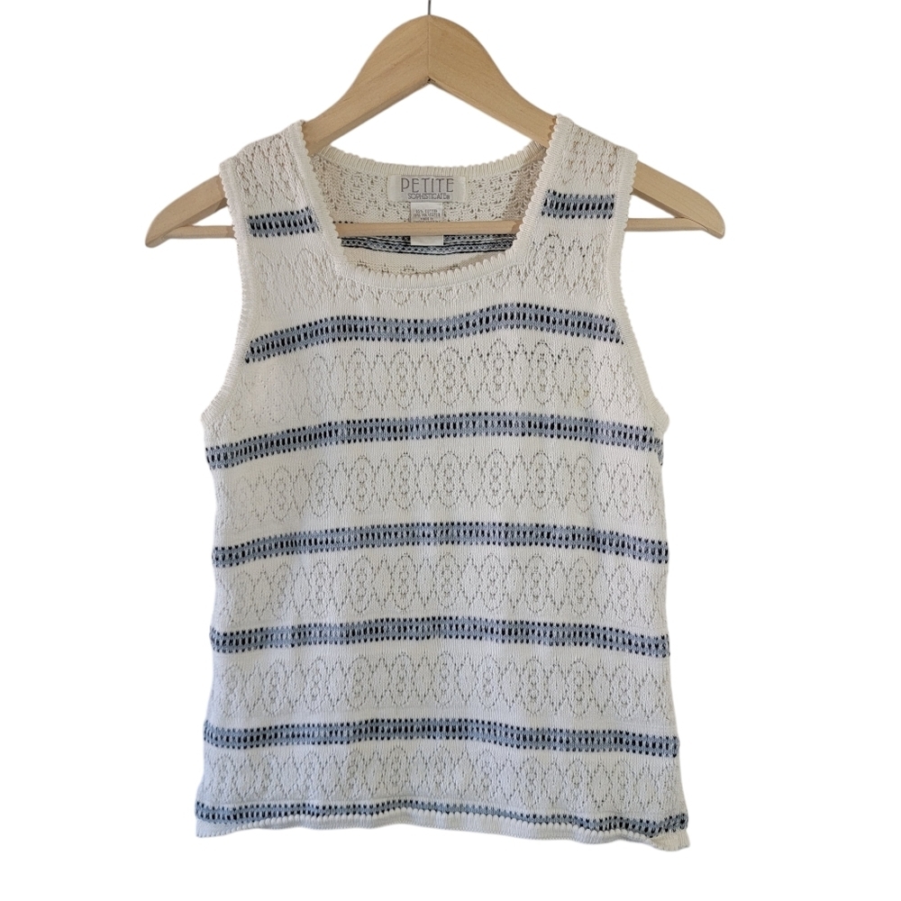 VTG Y2K Petite Sophisticate White Gray Striped Crochet Tank Top Sz S Squareneck